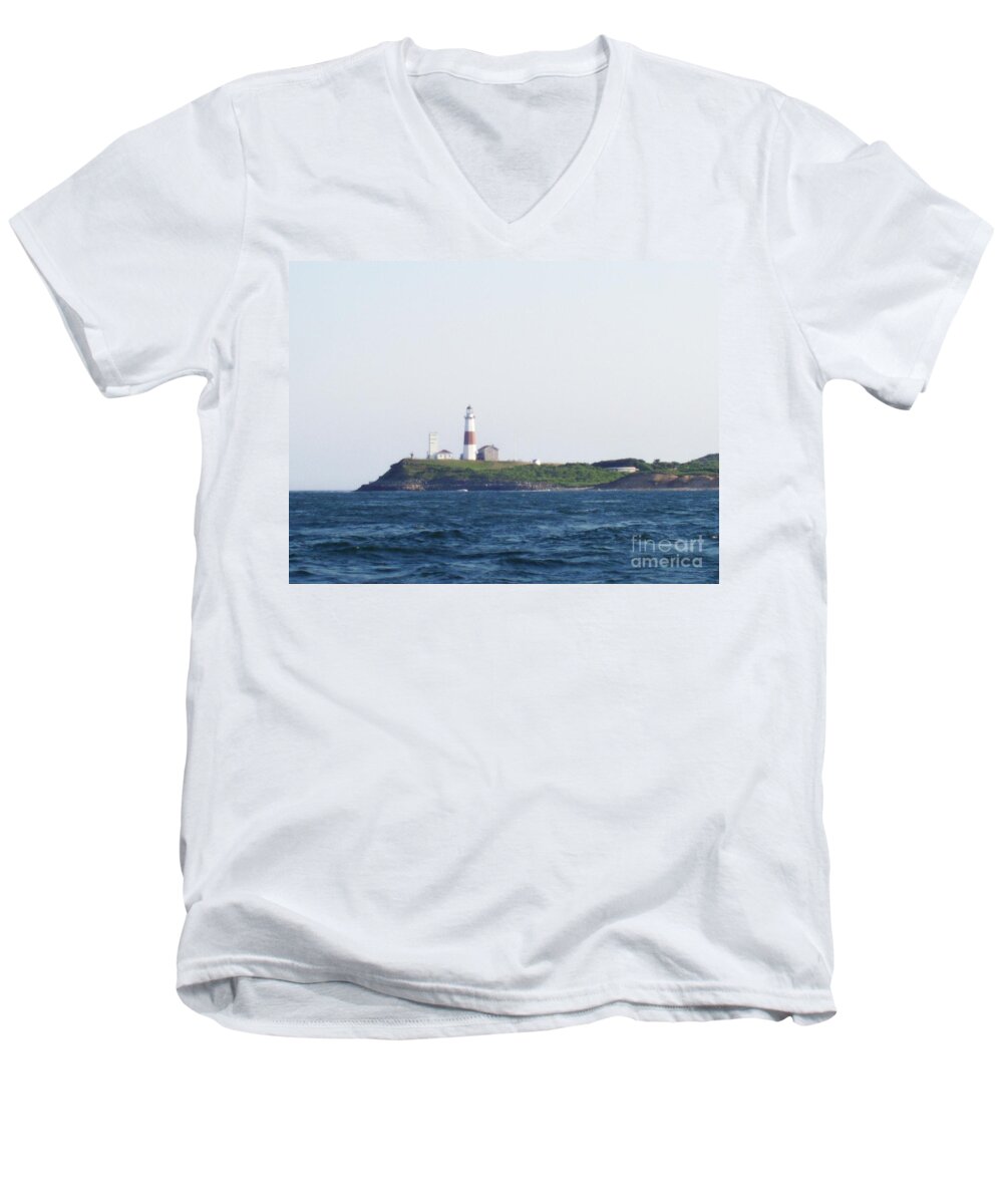 Montauk Lighthouse From The Atlantic Ocean Men's V-Neck T-Shirt featuring the photograph Montauk Lighthouse From The Atlantic Ocean by John Telfer