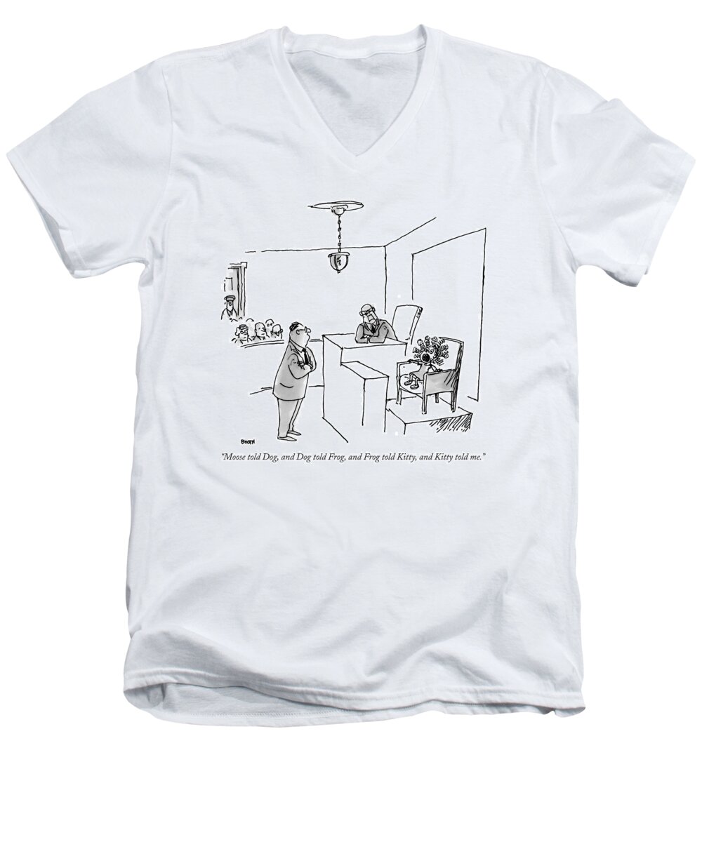 Word Play Courtrooms Children Stories

(child In Court Testifying On The Witness Stand.) 119248 Gbo George Booth Sumnerperm Men's V-Neck T-Shirt featuring the drawing Moose Told Dog by George Booth