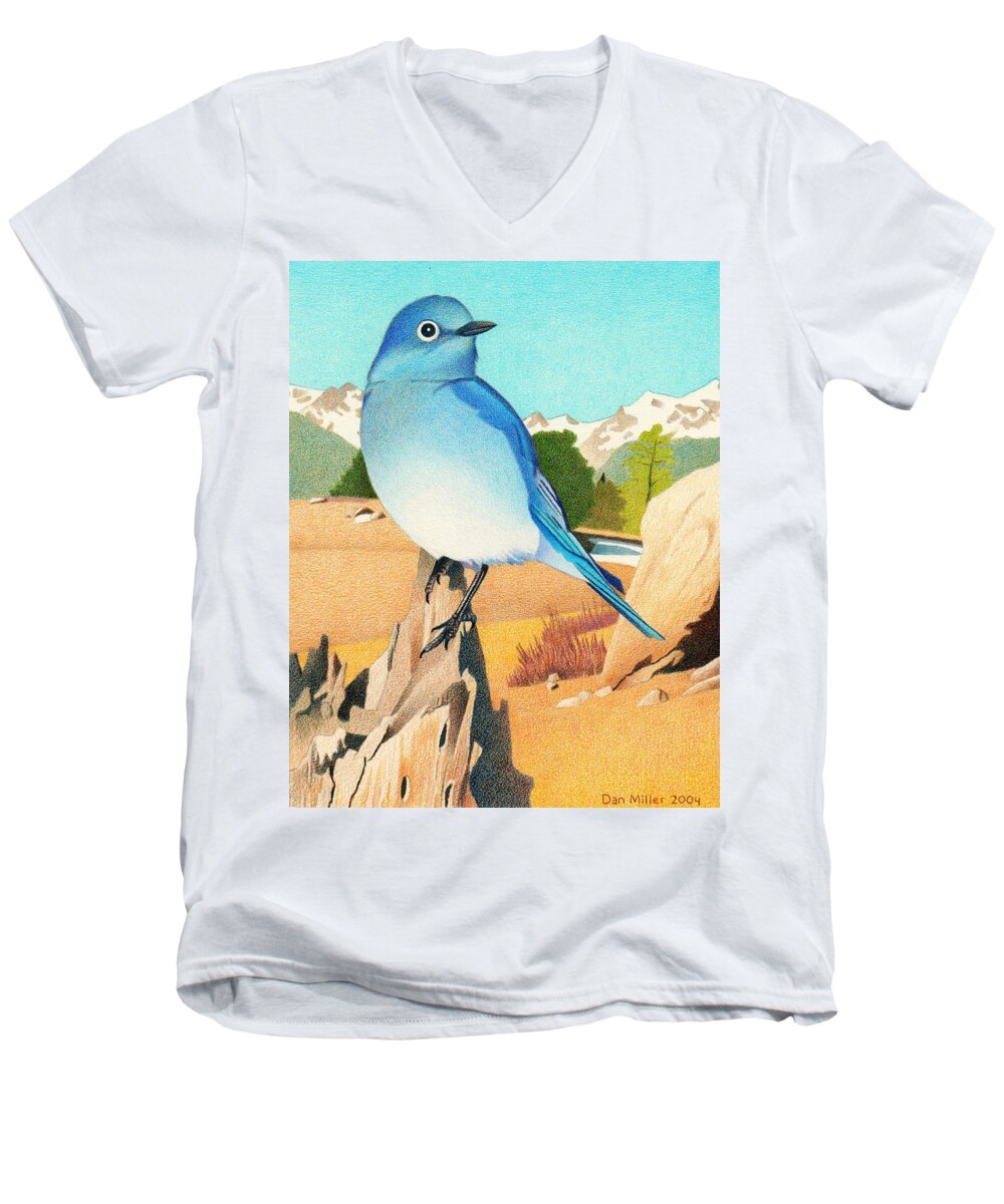 Art Men's V-Neck T-Shirt featuring the drawing Mountain Bluebird by Dan Miller