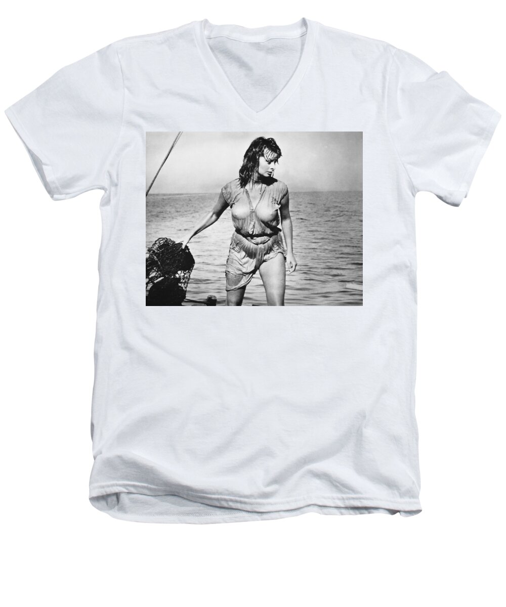1957 Men's V-Neck T-Shirt featuring the photograph Movie star Sophia Loren by Underwood Archives