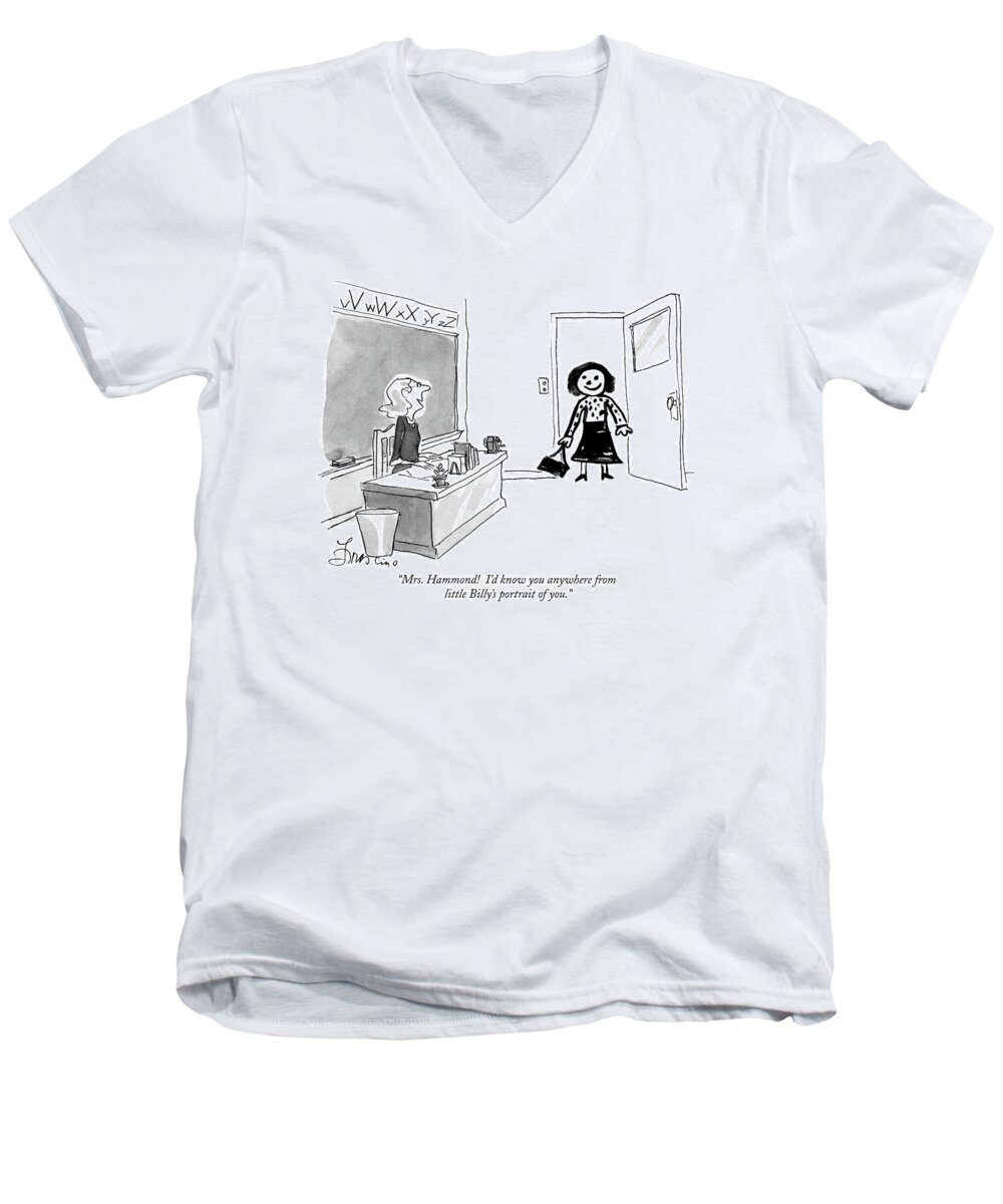  Men's V-Neck T-Shirt featuring the drawing Mrs. Hammond I'd Know You Anywhere From Little by Edward Frascino