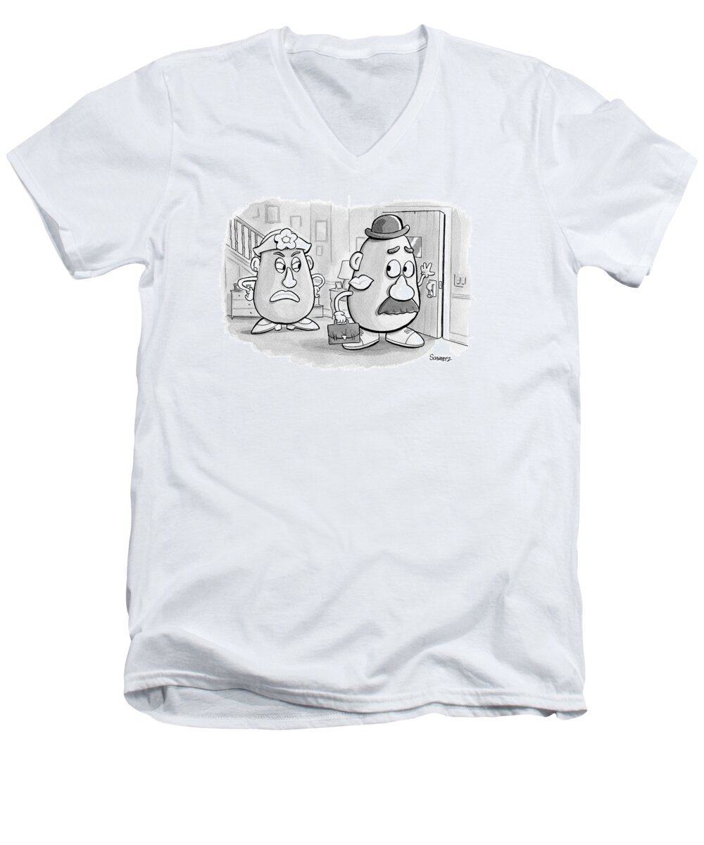 Captionless Adultery Men's V-Neck T-Shirt featuring the drawing Mrs. Potato Head Casts A Dirty Look by Benjamin Schwartz