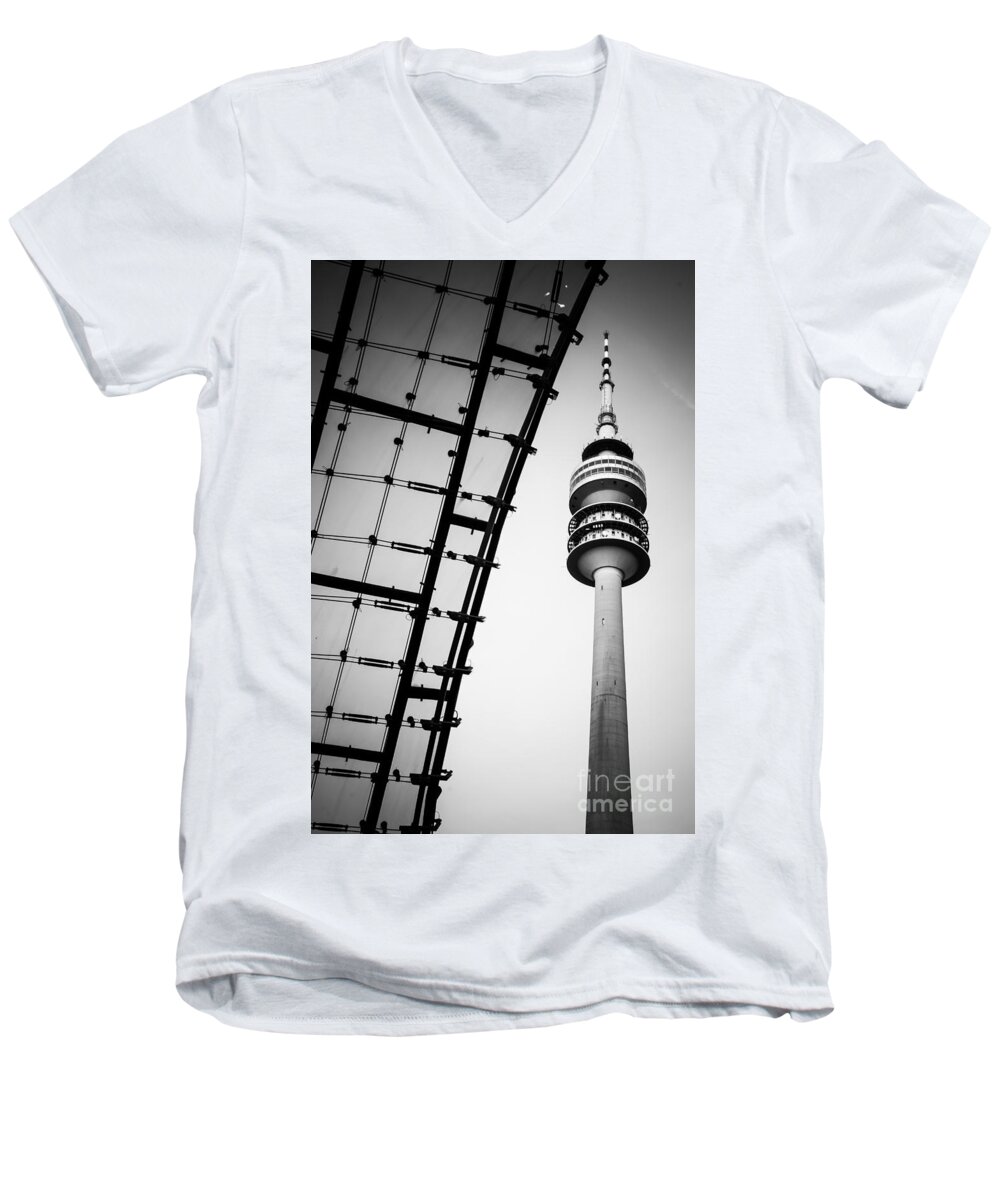 Architecture Men's V-Neck T-Shirt featuring the photograph Munich - Olympiaturm And The Roof - Bw by Hannes Cmarits