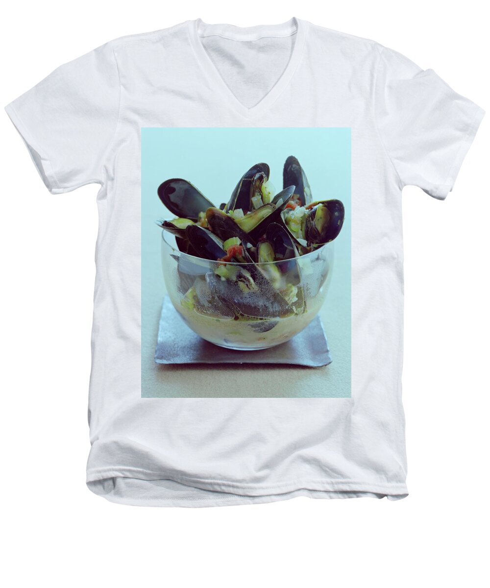 Cooking Men's V-Neck T-Shirt featuring the photograph Mussels In Broth by Romulo Yanes