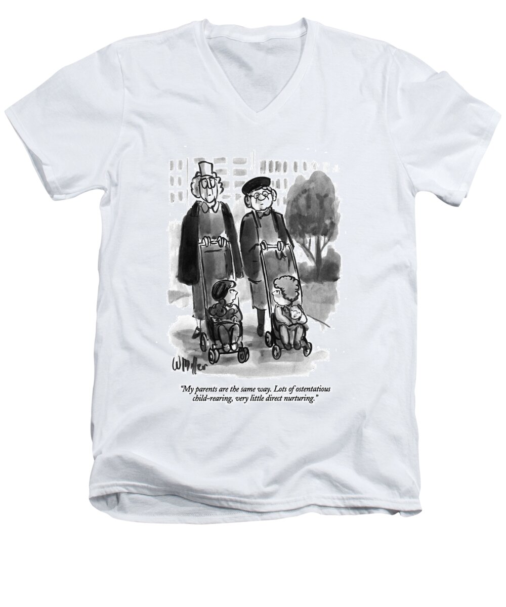 (two Children Talking )
Children Men's V-Neck T-Shirt featuring the drawing My Parents Are The Same Way. Lots Of Ostentatious by Warren Miller