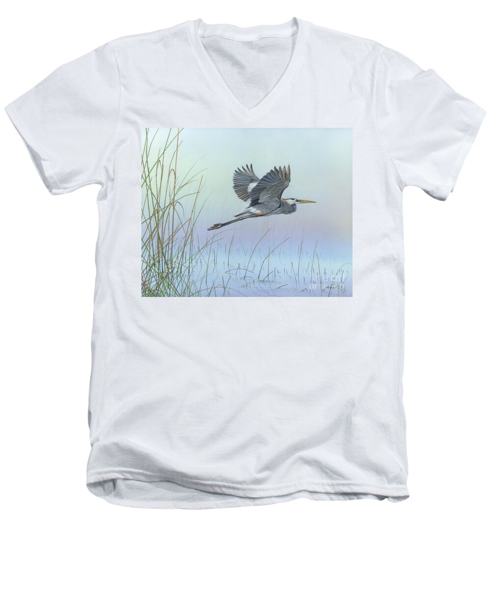 Blue Heron Men's V-Neck T-Shirt featuring the painting Nature's Entanglement by Mike Brown