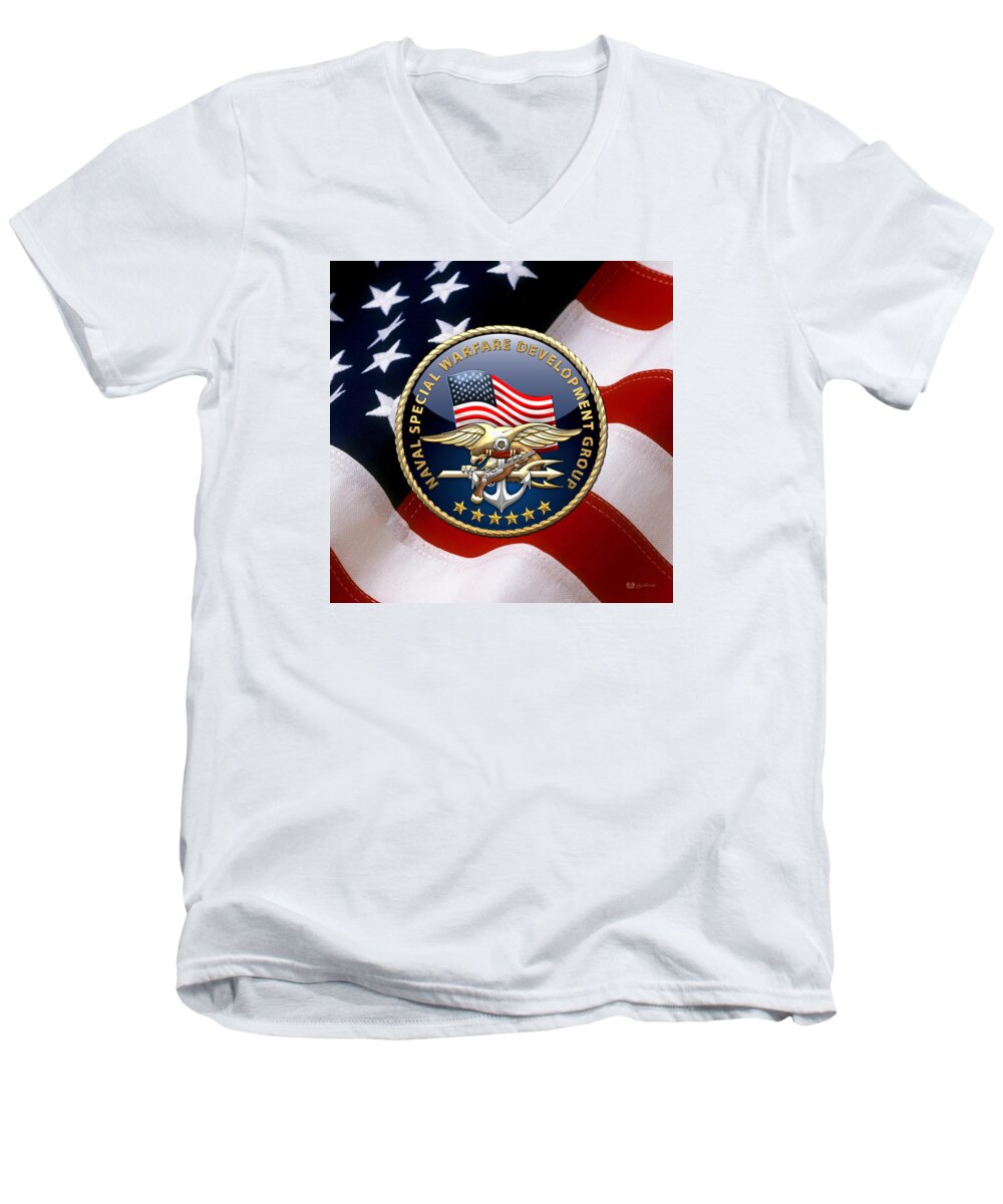 'military Insignia & Heraldry - Nswc' Collection By Serge Averbukh Men's V-Neck T-Shirt featuring the digital art Naval Special Warfare Development Group - D E V G R U - Emblem over U. S. Flag by Serge Averbukh