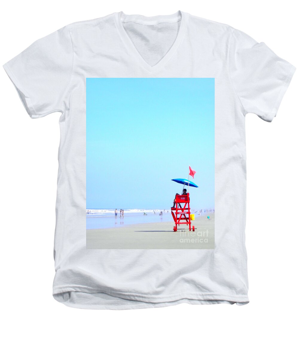 Beach Men's V-Neck T-Shirt featuring the digital art New Smyrna Lifeguard by Valerie Reeves