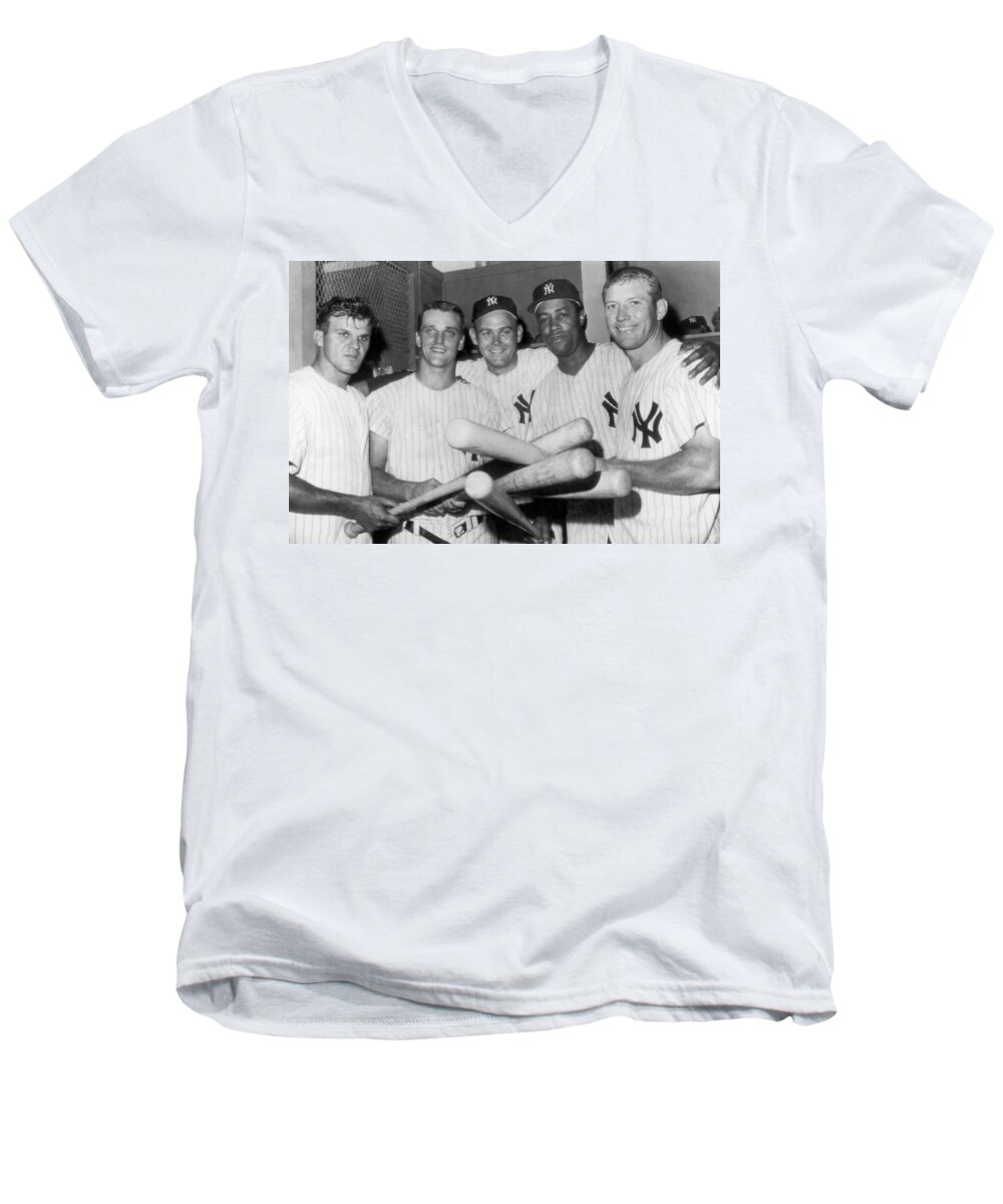 1950's Men's V-Neck T-Shirt featuring the photograph New York Yankee Sluggers by Underwood Archives