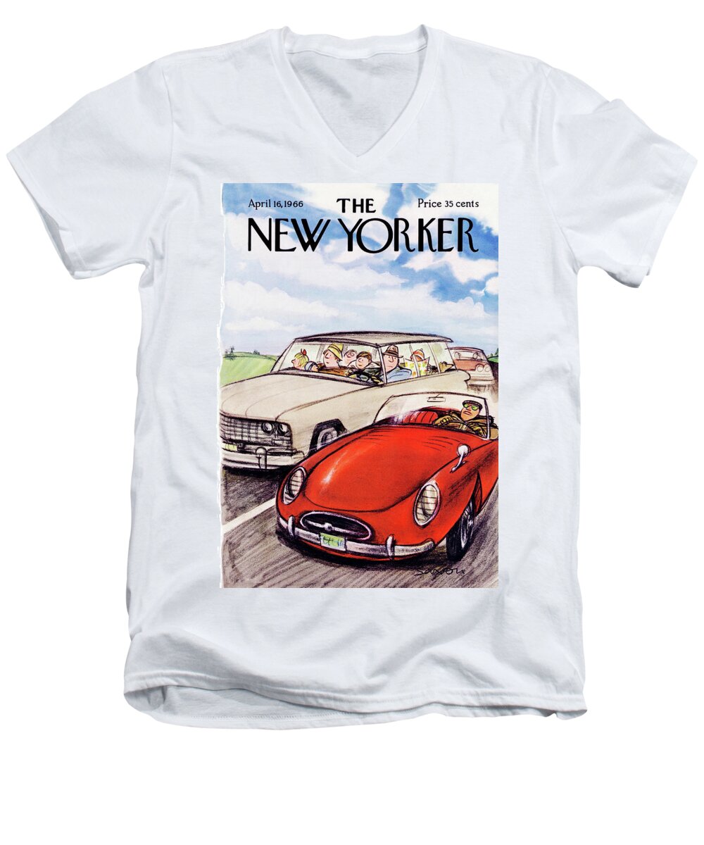 Car Cars Automobiles Drive Driving Vacation Family Hot Rod Convertible Vacation Rest Leisure Recreation Relaxation Travel Journey Trip Road Envy Jealousy Charles Saxon Csa Sumnerok Charles Saxon Csa Artkey 49894 Men's V-Neck T-Shirt featuring the painting New Yorker April 16th, 1966 by Charles Saxon