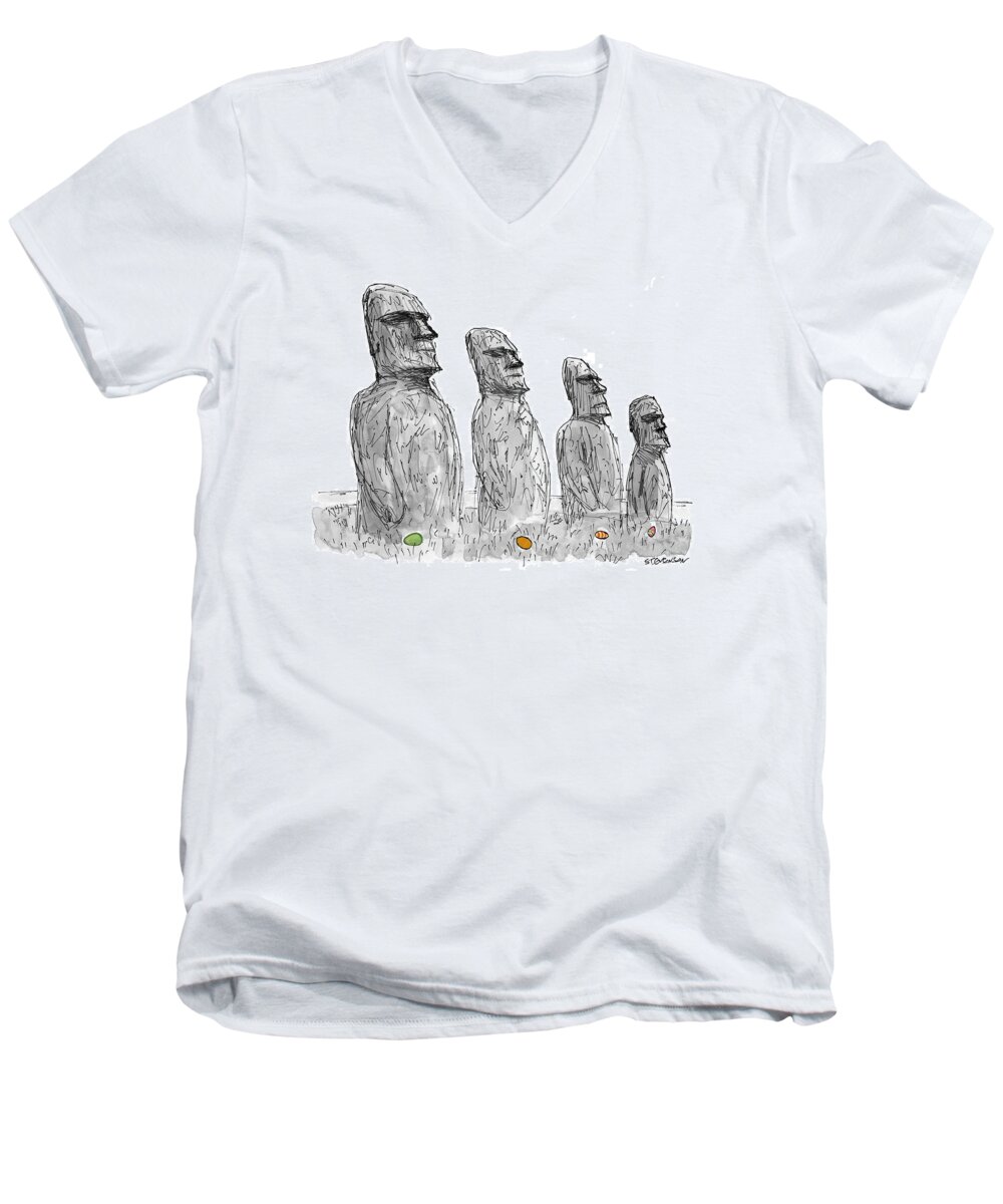 (colored Easter Eggs Lay At The Base Of Easter Island Statues.) Regional Men's V-Neck T-Shirt featuring the drawing New Yorker April 5th, 1999 by James Stevenson