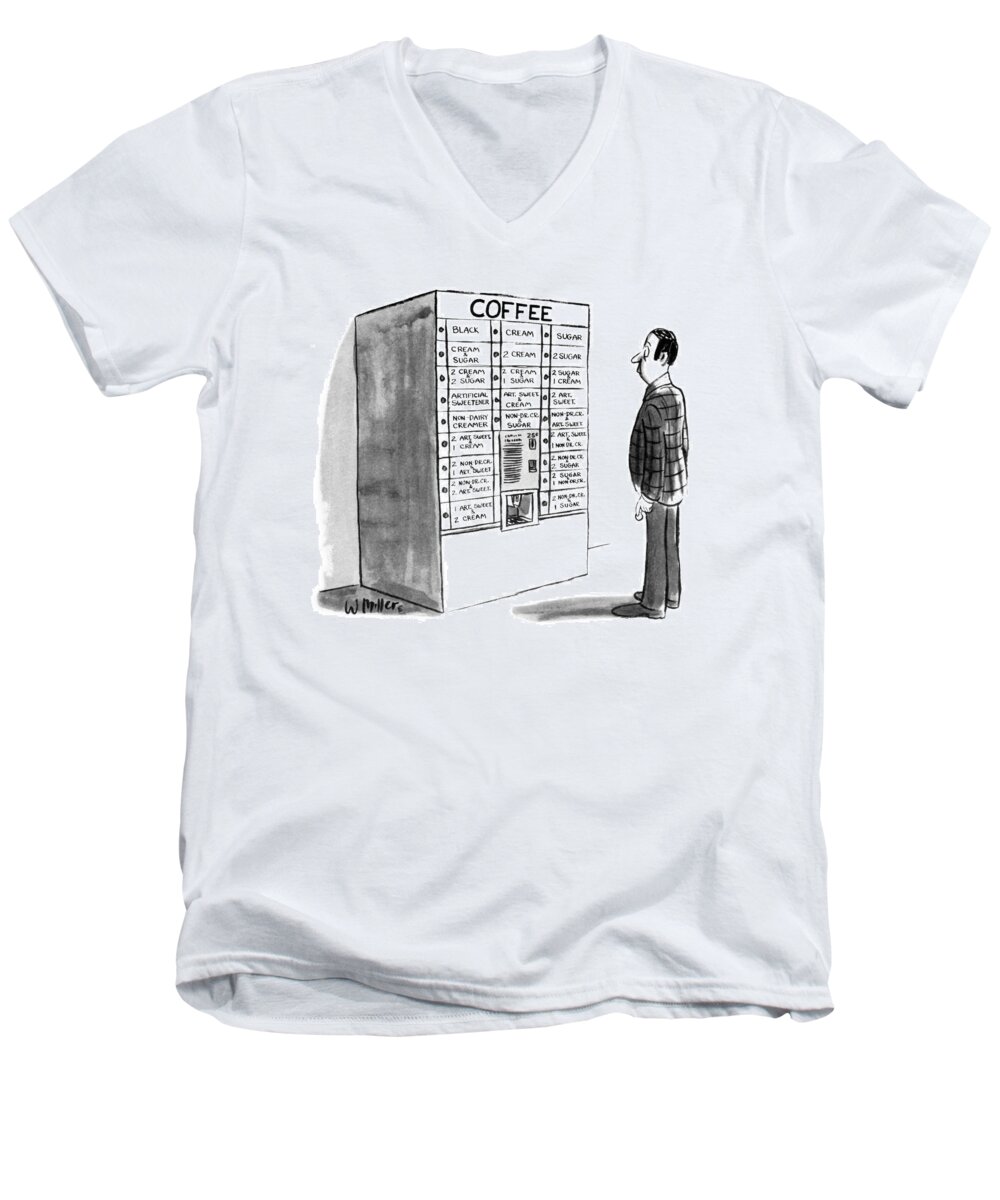 No Caption
Man Looks At Coffee Machine Offering Many Combinations Of Coffee Men's V-Neck T-Shirt featuring the drawing New Yorker August 23rd, 1976 by Warren Miller