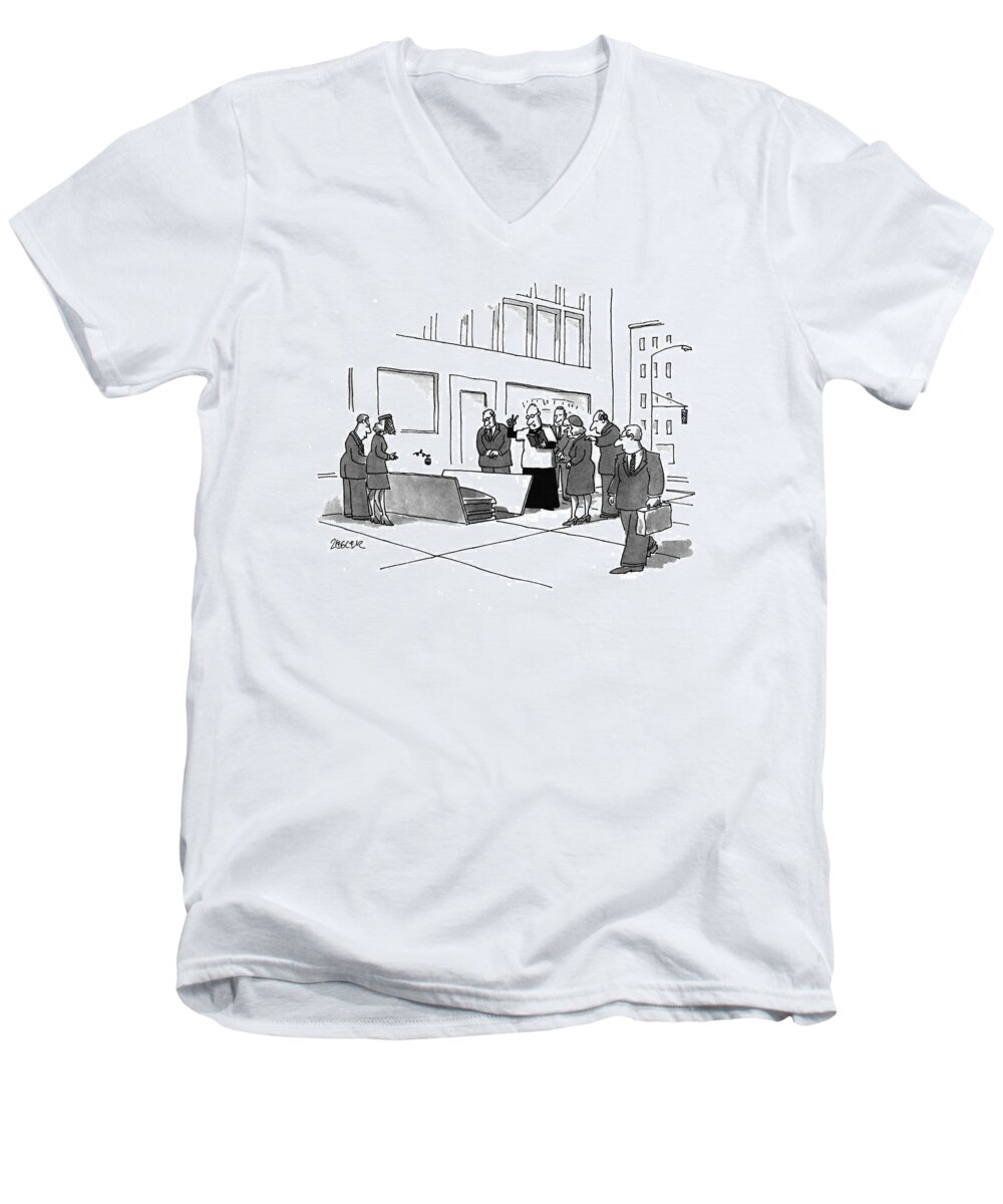 (a Funeral Service Being Held In An Open Grate In The City Street.)
Urban Men's V-Neck T-Shirt featuring the drawing New Yorker July 11th, 1994 by Jack Ziegler
