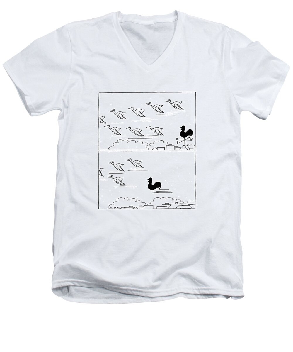 111521 Oso Otto Soglow Wild Geese Flying Over A Weathervane Rooster And He Joins Them. Animal Animals Appearances Bird Birds Dream Dreams Fantasy ?y ?ying Geese Joins Looks Migration Over Reality Reunion Rooster Them Travel Weathervane Wild Men's V-Neck T-Shirt featuring the drawing New Yorker November 8th, 1941 by Otto Soglow