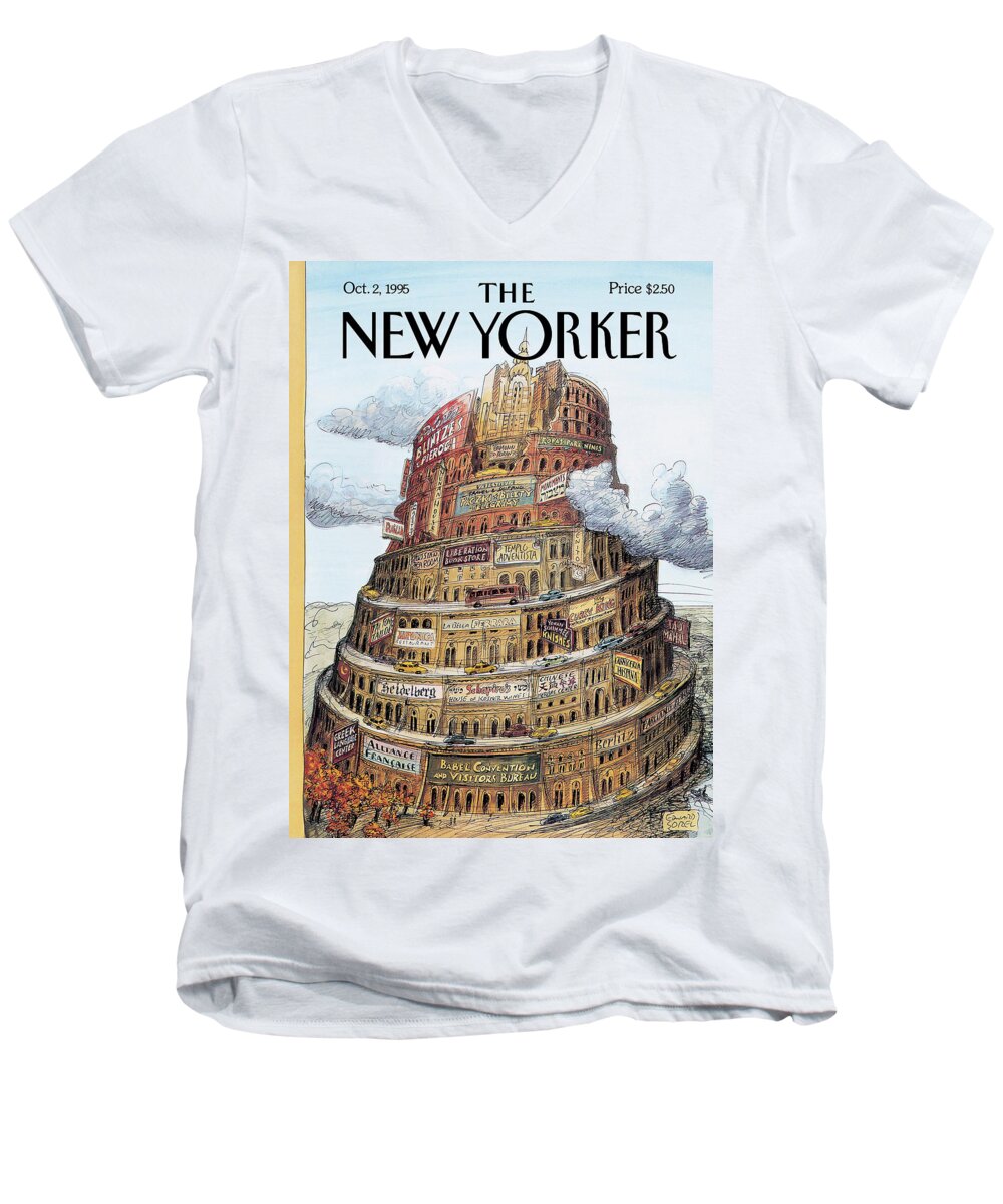 I Love Babel Men's V-Neck T-Shirt featuring the painting New Yorker October 2nd, 1995 by Edward Sorel