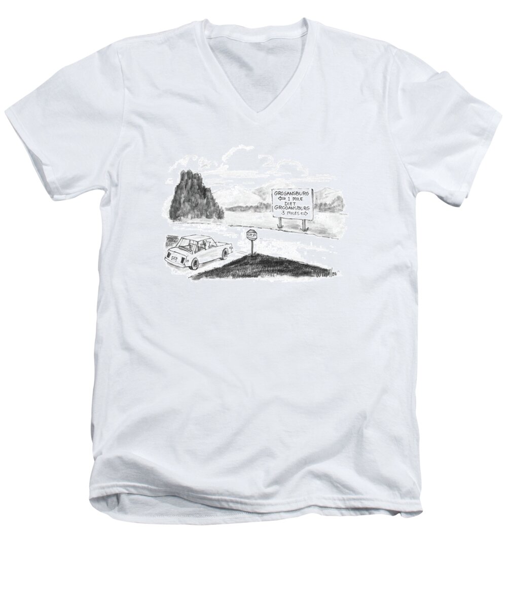 Food Men's V-Neck T-Shirt featuring the drawing New Yorker September 8th, 1986 by Warren Miller
