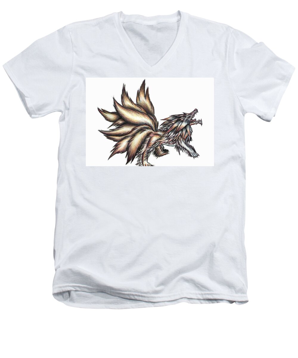 Wolf Men's V-Neck T-Shirt featuring the painting Nine Tails Wolf Demon by Shawn Dall