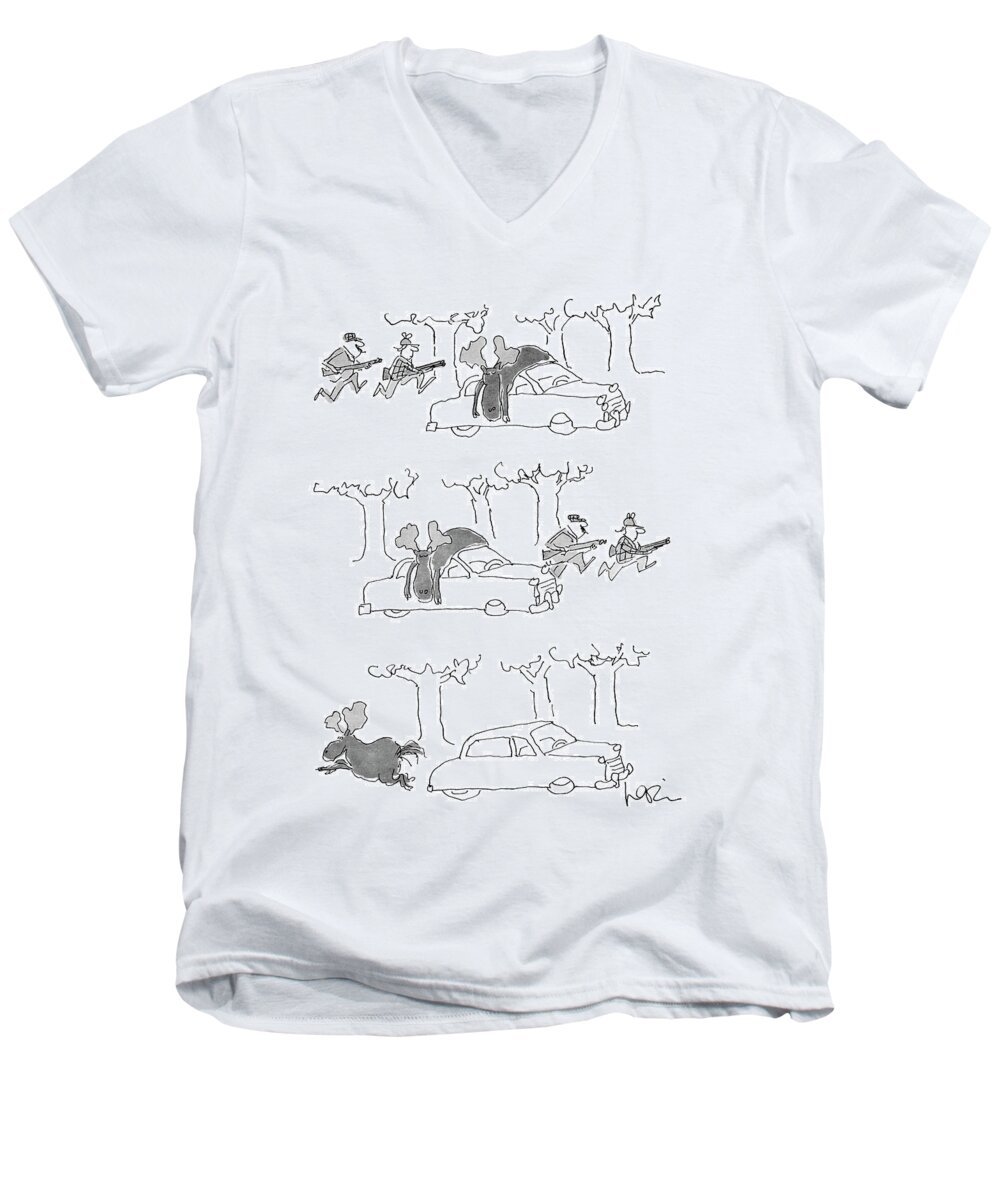 (series(3). Moose Lies On Car Roof. Hunters Rush Into Woods. Moose Runs Away.)animals Men's V-Neck T-Shirt featuring the drawing No Caption by Arnie Levin