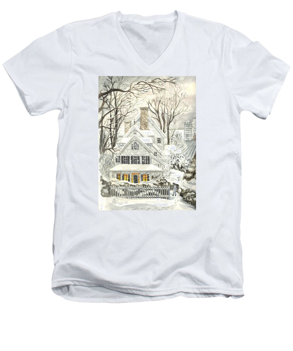 Christmas Card - Featured Art Men's V-Neck T-Shirt featuring the painting No Place Like Home For The Holidays by Carol Wisniewski