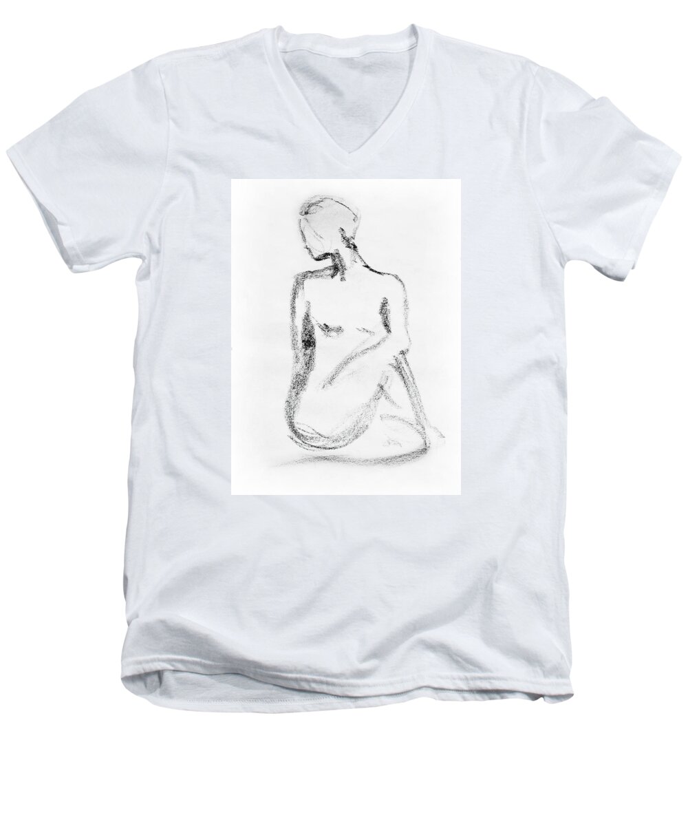 Nude Men's V-Neck T-Shirt featuring the drawing Nude Model Gesture VI by Irina Sztukowski