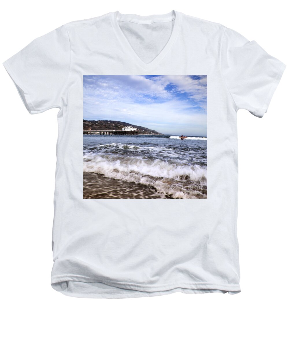 Malibu Beach Pier Photographs Men's V-Neck T-Shirt featuring the photograph Ocean Waves Blue Sky And A Surfer At Malibu Beach Pier by Jerry Cowart