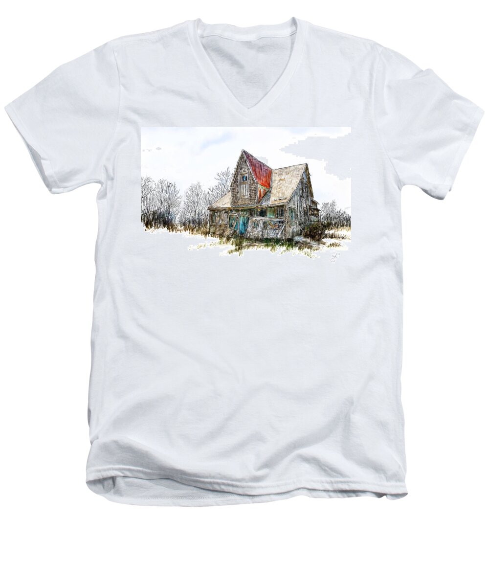 Abandoned Men's V-Neck T-Shirt featuring the digital art Old house by Debra Baldwin