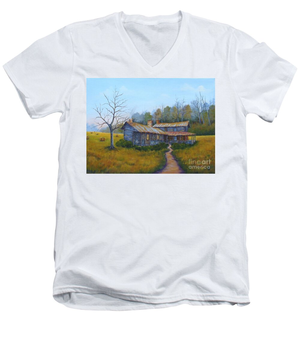 Landscape Men's V-Neck T-Shirt featuring the painting Old Walker Homestead #2 by Jerry Walker