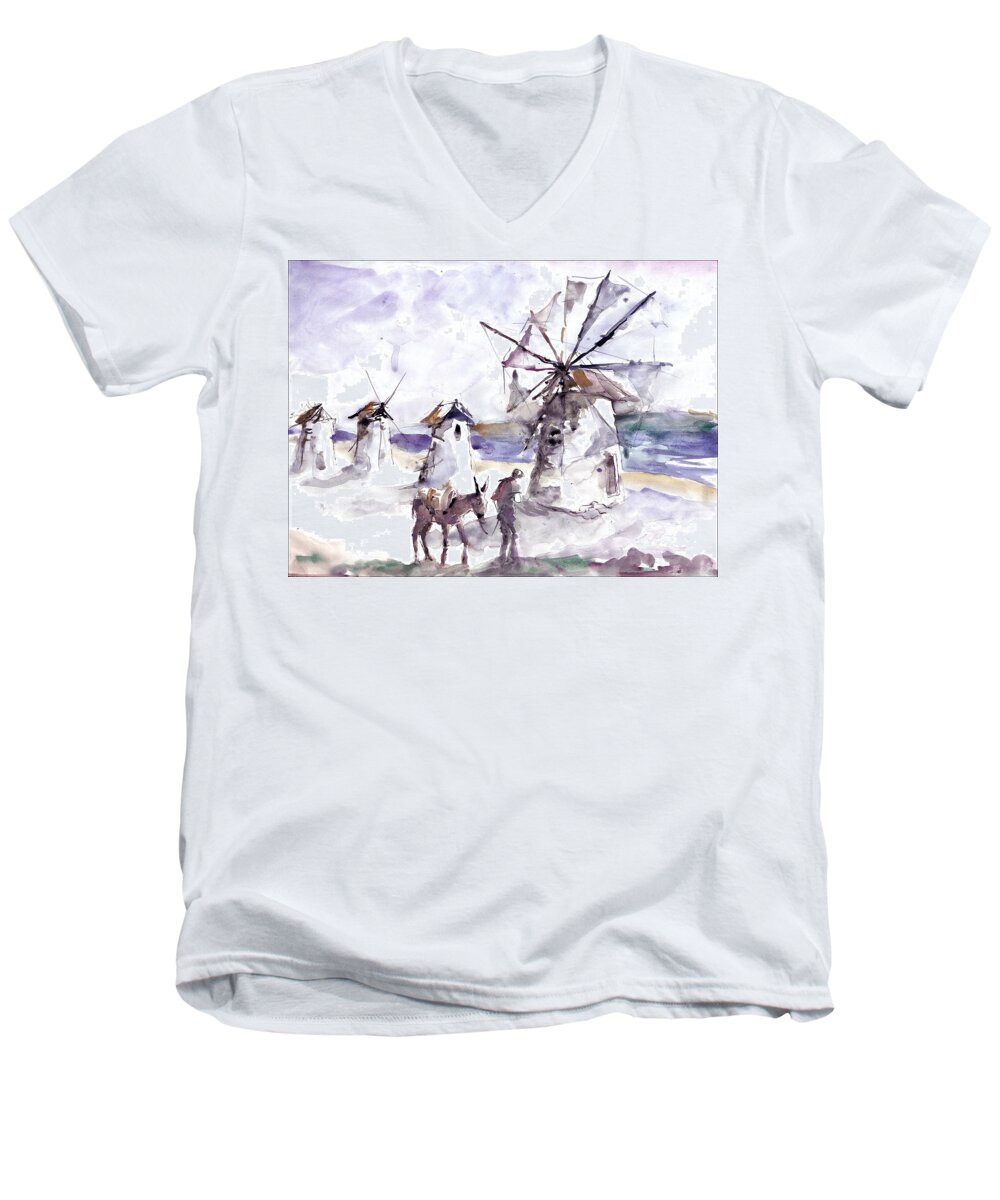 Windmill Men's V-Neck T-Shirt featuring the painting Old windmills at Bodrum by Faruk Koksal