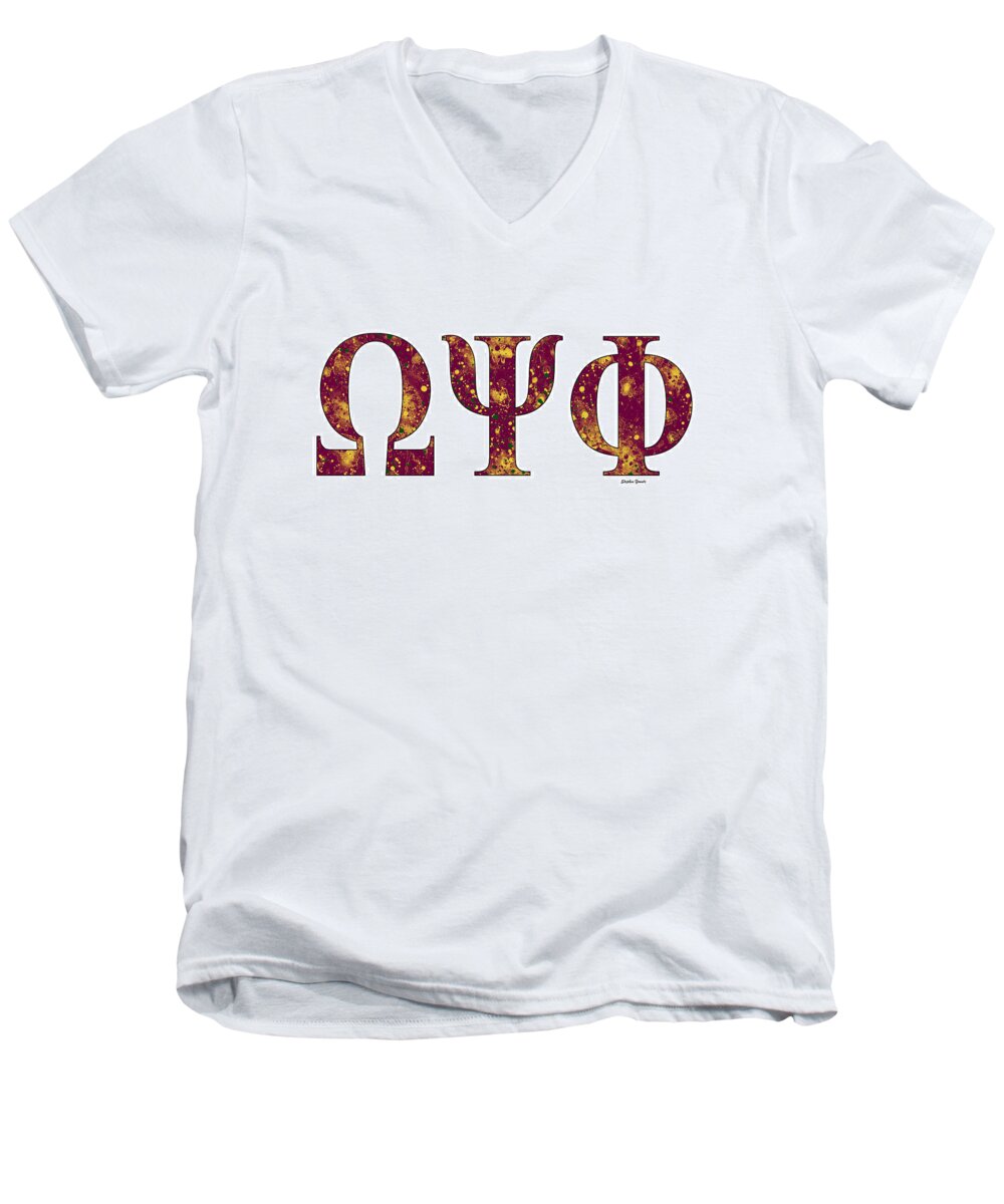 Omega Psi Phi Men's V-Neck T-Shirt featuring the digital art Omega Psi Phi - White by Stephen Younts