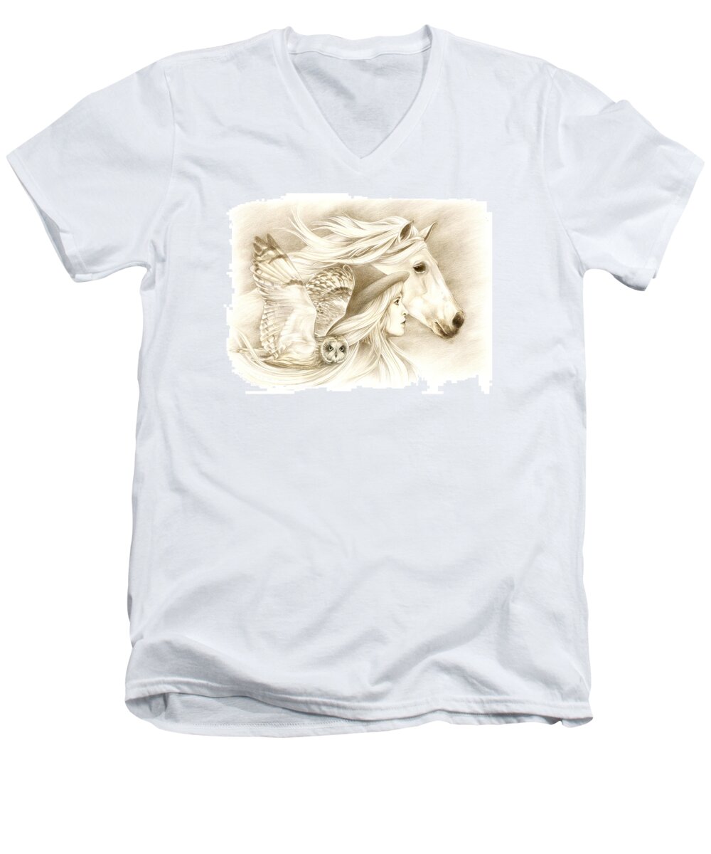 Horse Men's V-Neck T-Shirt featuring the drawing On A Journey... by Johanna Pieterman