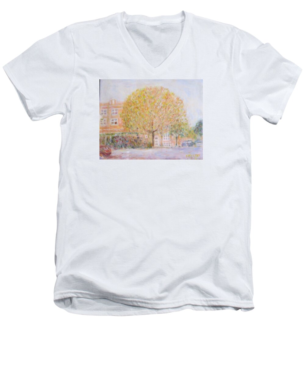 Impressionism Men's V-Neck T-Shirt featuring the painting Leland Avenue in Chicago by Glenda Crigger