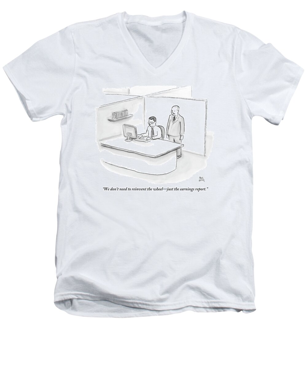 Executives Men's V-Neck T-Shirt featuring the drawing One Businessman Standing Behind A Desk Speaks by Paul Noth