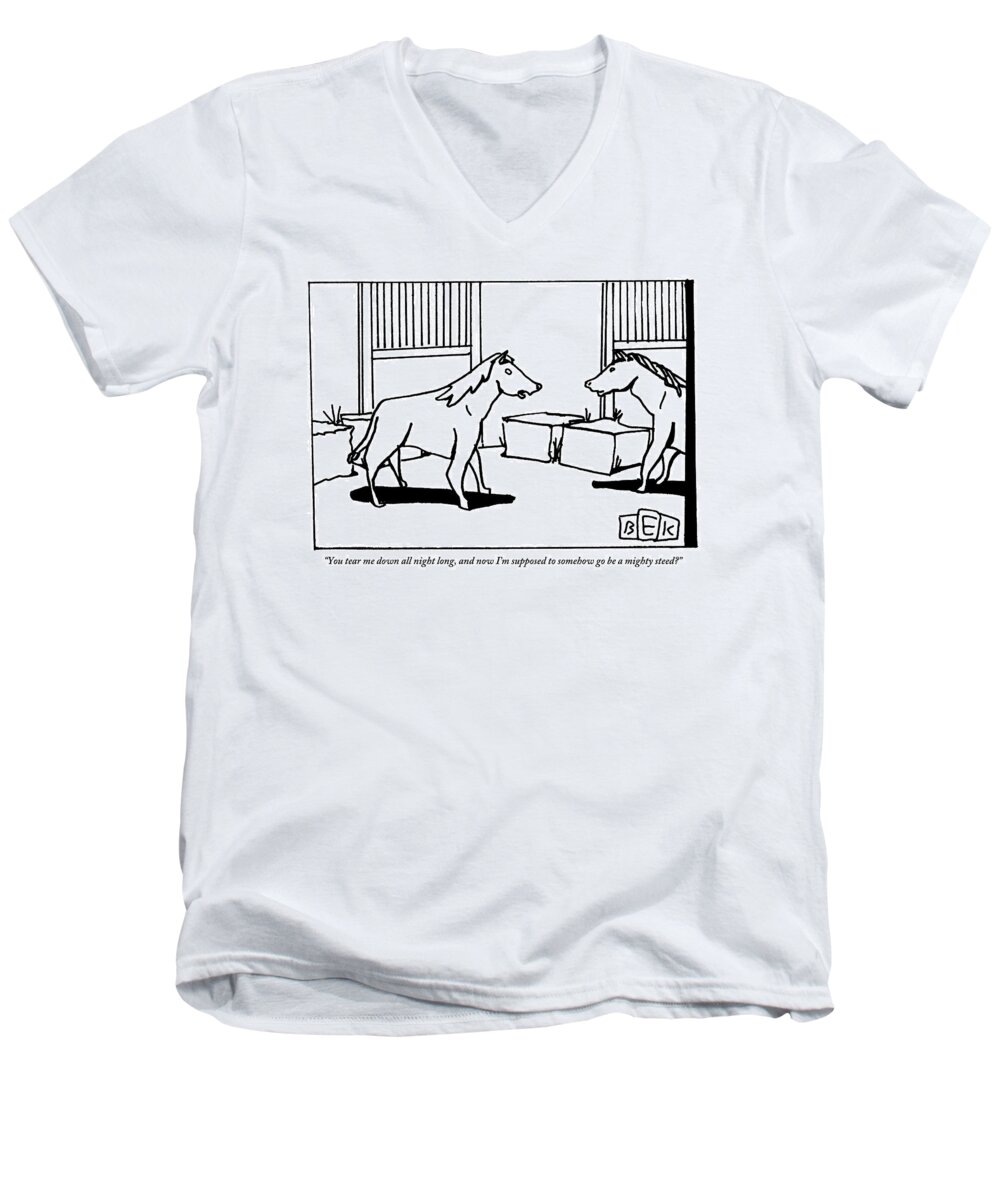 Horse Men's V-Neck T-Shirt featuring the drawing One Horse Talks To Another In A Stable by Bruce Eric Kaplan