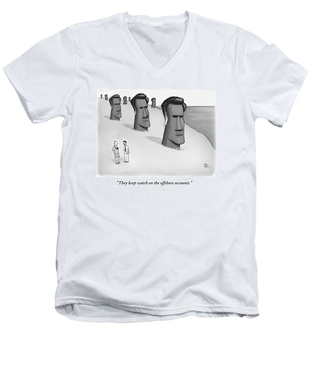 Cctk Romney Men's V-Neck T-Shirt featuring the drawing One Man Speaks To Another As They Stand In Front by Paul Noth