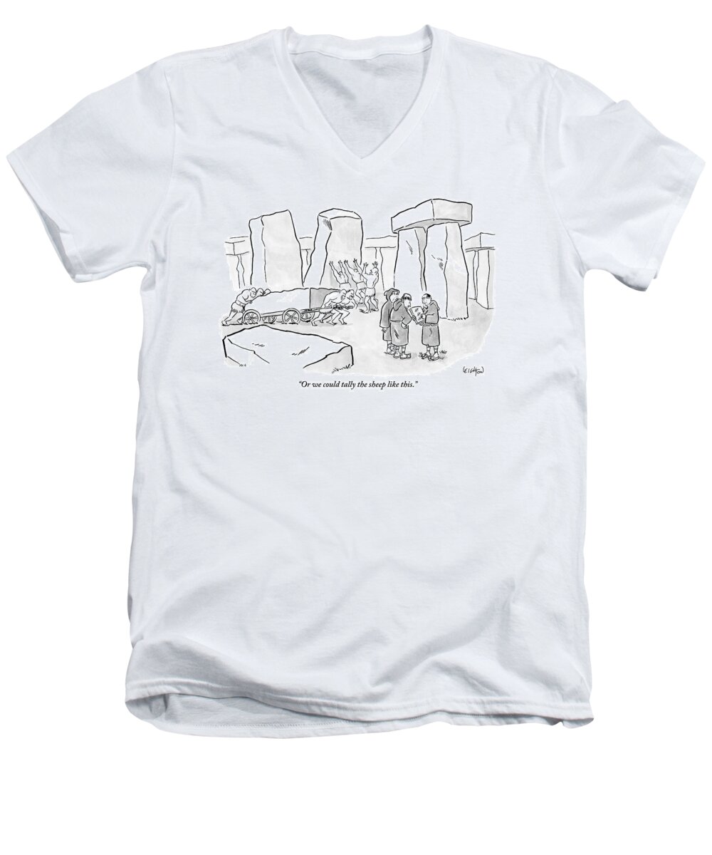 Stonehenge Men's V-Neck T-Shirt featuring the drawing One Mans Shows A Stone Tablet With Tally Marks by Robert Leighton