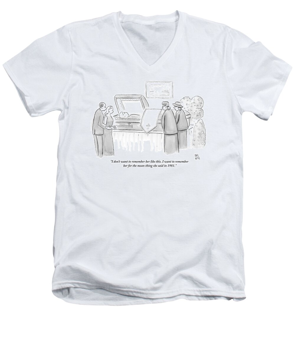 Funerals Men's V-Neck T-Shirt featuring the drawing One Mourning Woman At A Funeral Comments by Paul Noth