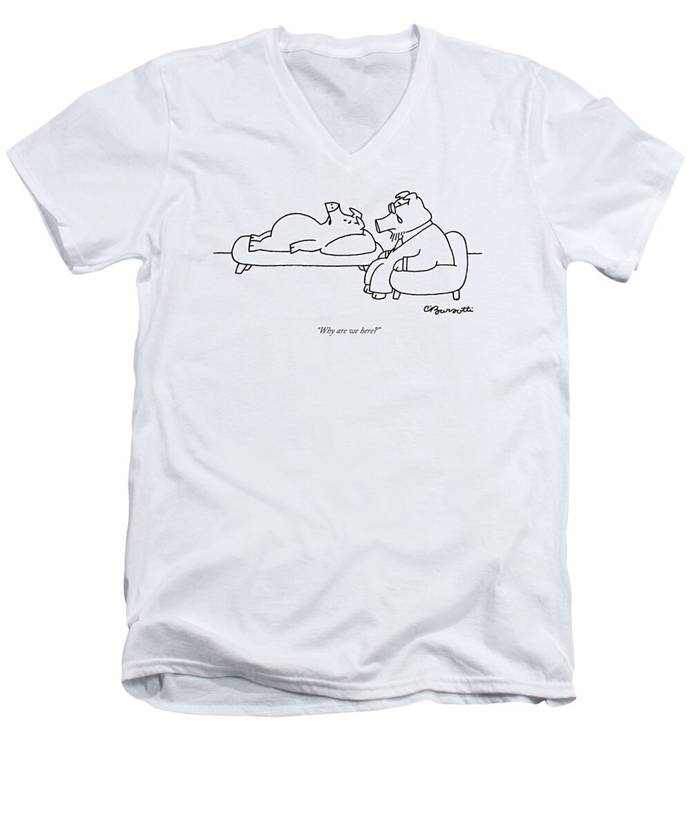 Pigs Men's V-Neck T-Shirt featuring the drawing One Pig Lays On A Therapists Couch by Charles Barsotti