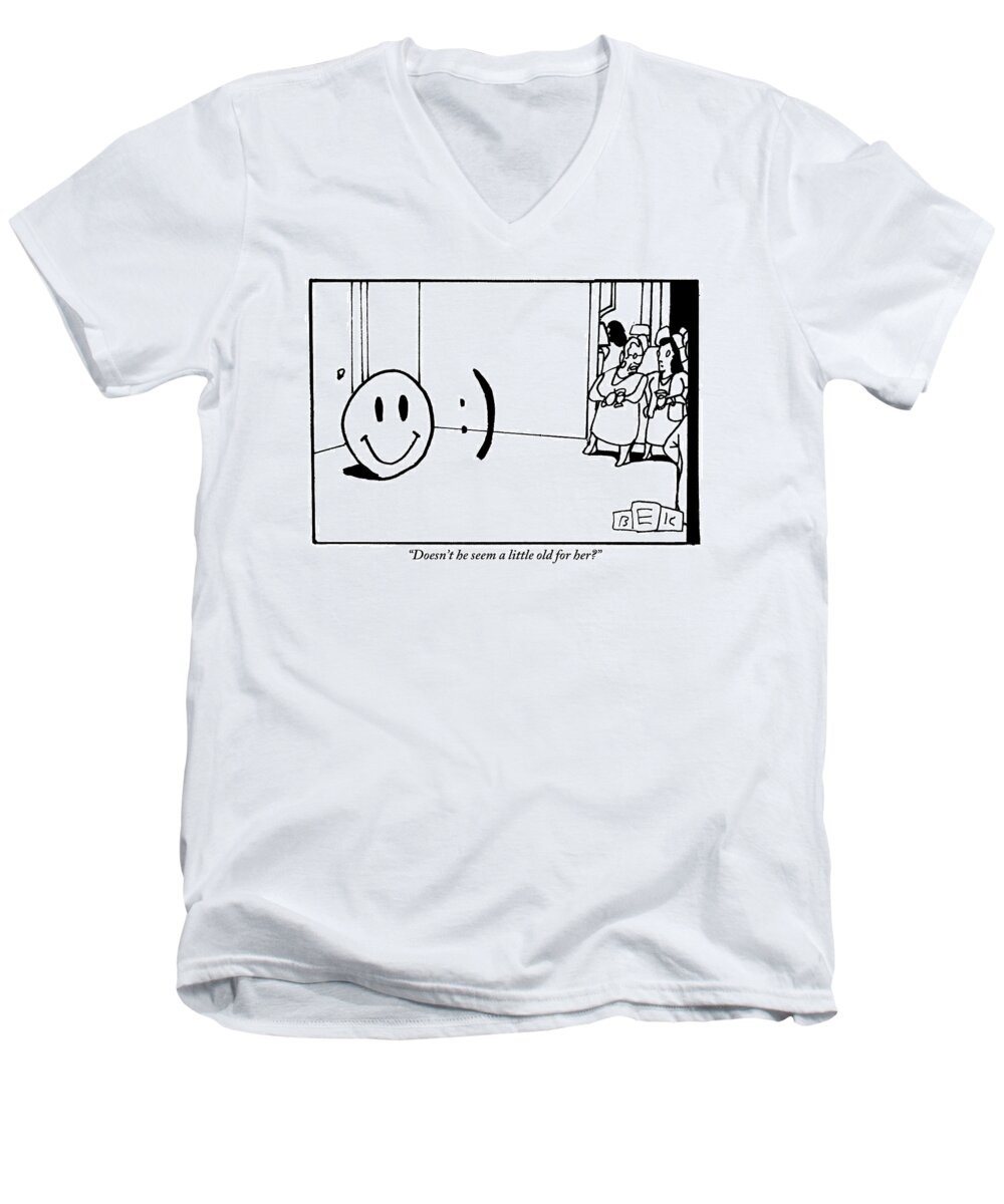 Emoticons Men's V-Neck T-Shirt featuring the drawing One Traditional Smiley Face Standing Next To An by Bruce Eric Kaplan