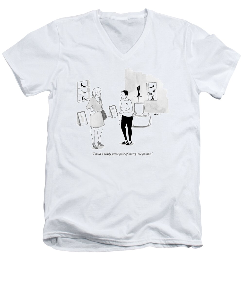 Shoes Men's V-Neck T-Shirt featuring the drawing One Woman Consults With Another Woman In A Shoe by Emily Flake