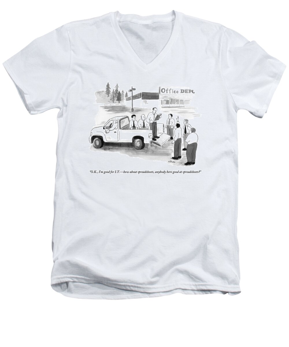 Jobs Men's V-Neck T-Shirt featuring the drawing Outside An Office Depot by Emily Flake