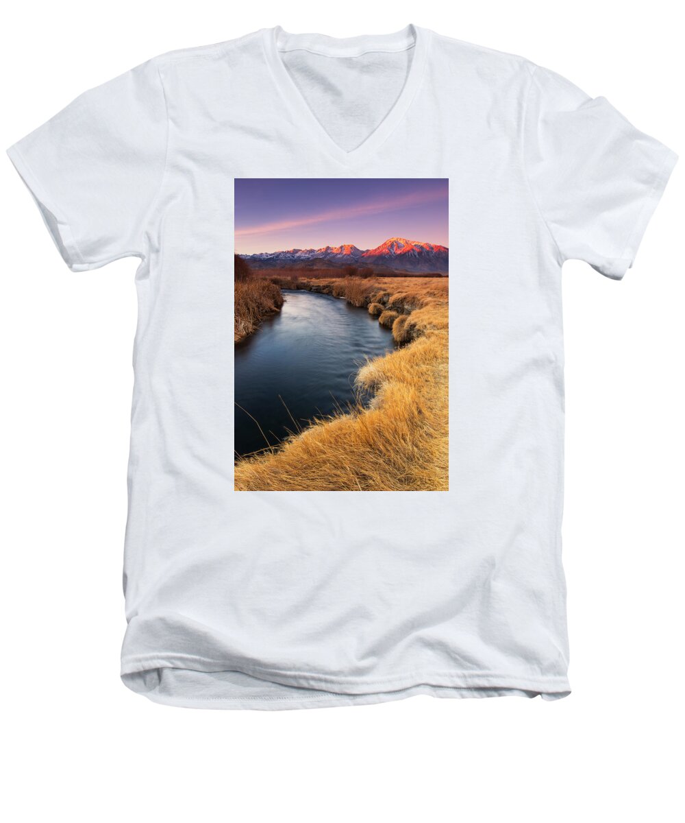 Sunrise Along The Owens River Men's V-Neck T-Shirt featuring the photograph Owens River by Tassanee Angiolillo