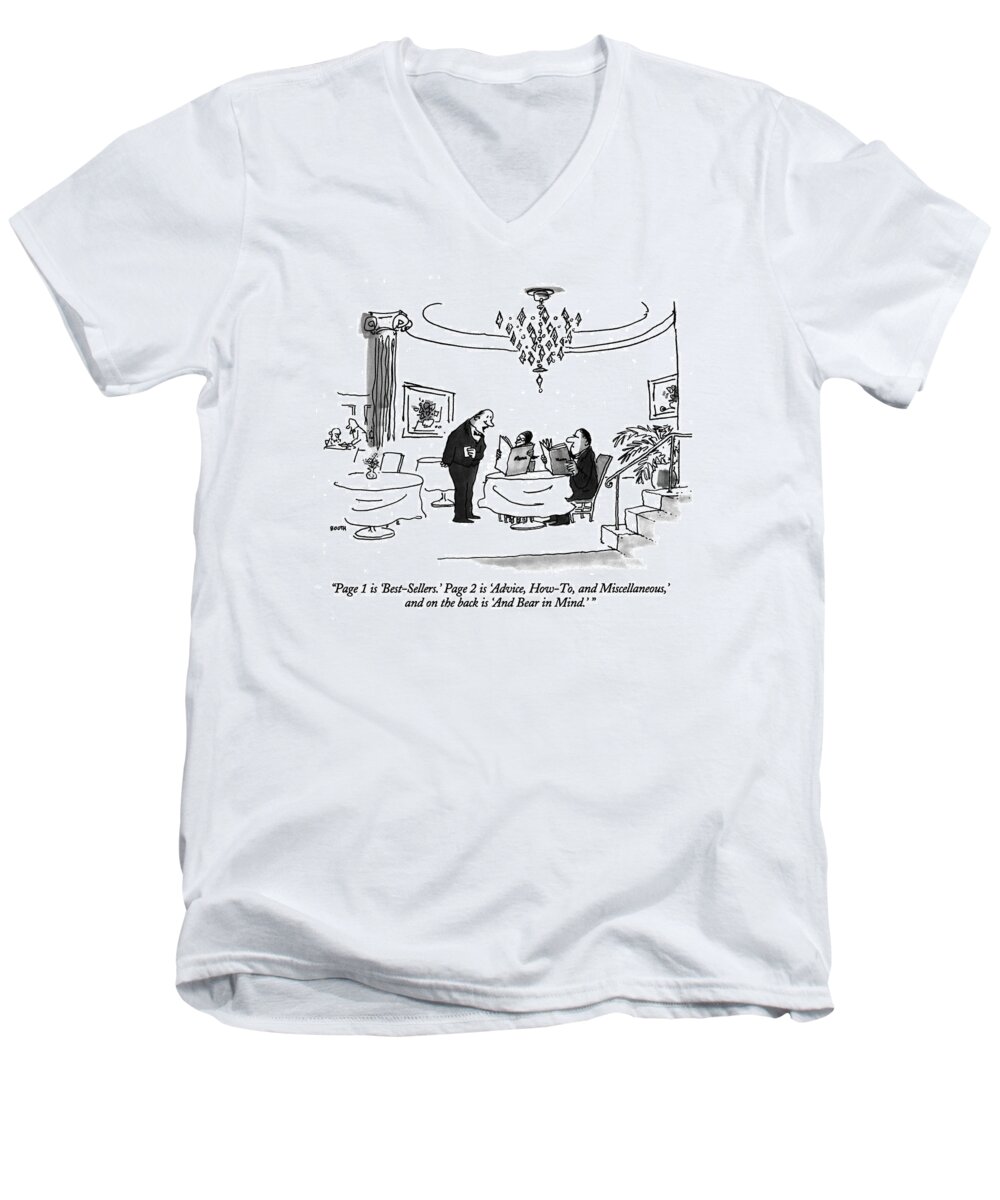 


(waiter Explaining Menus To Patrons.) High Cuisine Men's V-Neck T-Shirt featuring the drawing Page 1 Is 'best-sellers.' Page 2 Is 'advice by George Booth