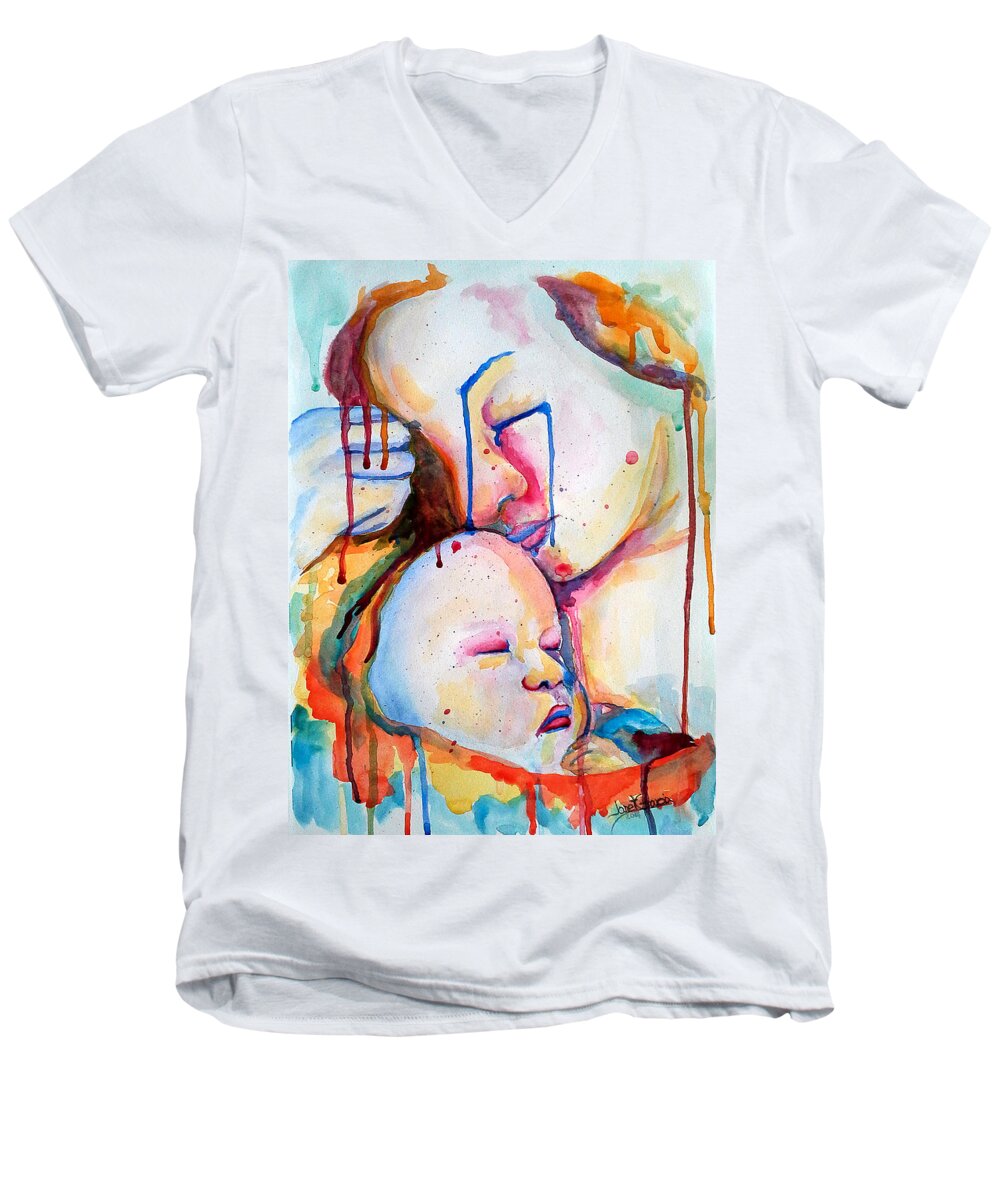Mother Men's V-Neck T-Shirt featuring the painting Painful Joy by Janet Garcia