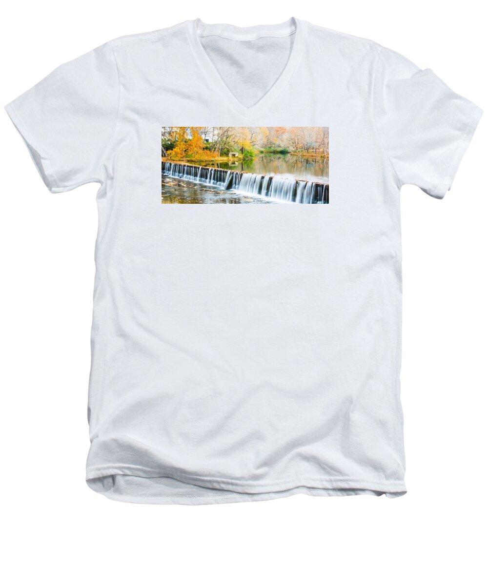Buck Creek Men's V-Neck T-Shirt featuring the photograph Panorama of Buck Creek In Autumn by Parker Cunningham