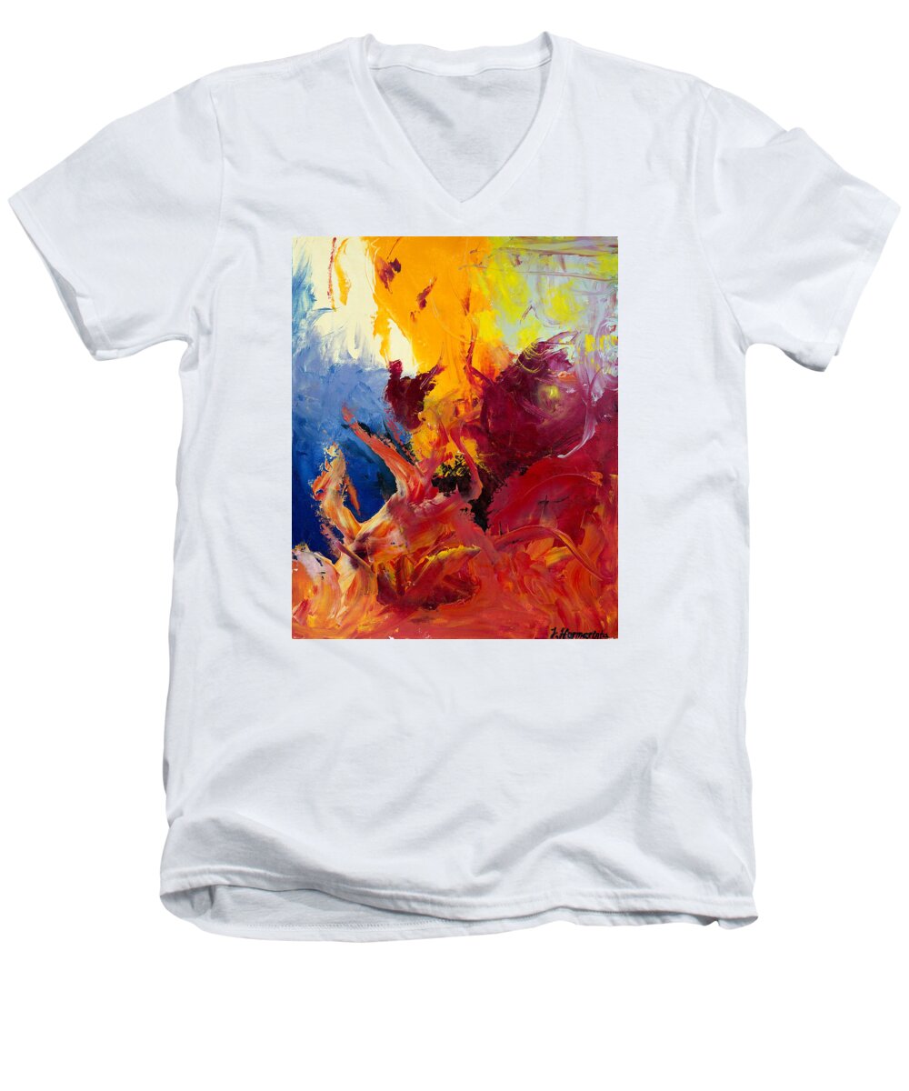 Painting Men's V-Neck T-Shirt featuring the painting Passion 1 by Johanna Hurmerinta