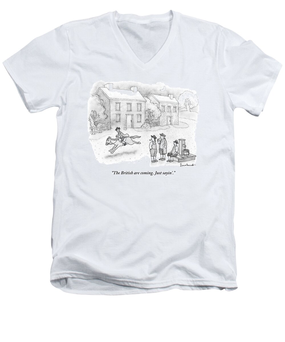 Paul Revere Men's V-Neck T-Shirt featuring the drawing Paul Revere Rides Past Two Colonial Men Smoking by David Borchart