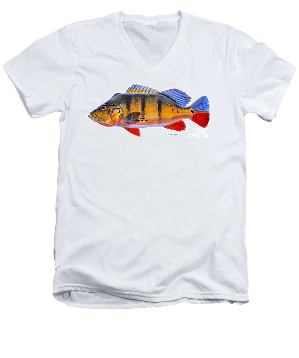 Peacock Bass Men's V-Neck T-Shirt featuring the painting Peacock Bass by Carey Chen