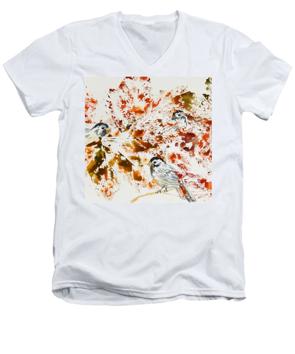 Chickadees Men's V-Neck T-Shirt featuring the painting Peek A Boo Chickadees Square by Ellen Levinson