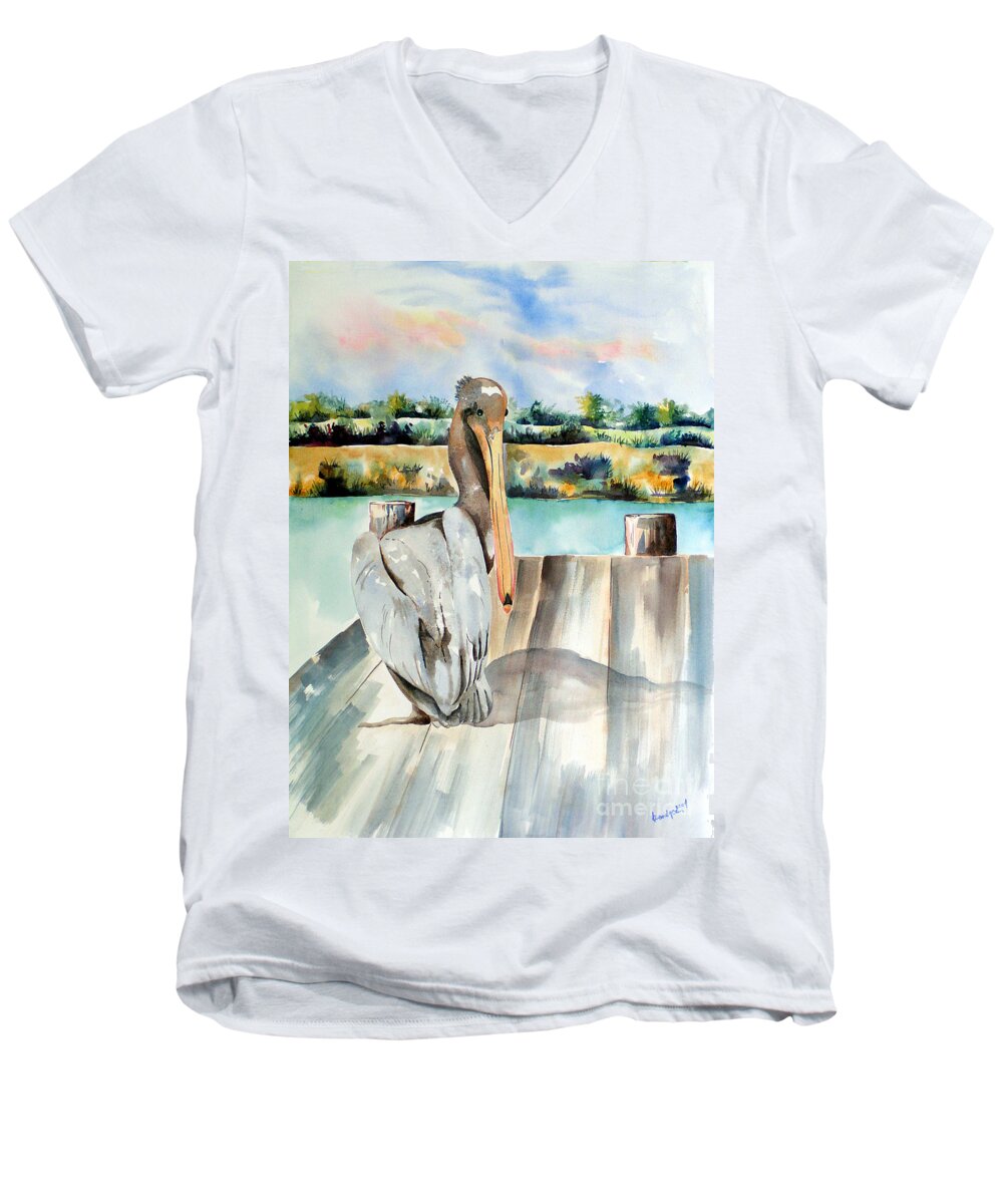 Pelican Painting Men's V-Neck T-Shirt featuring the painting Pelican with an Attitude by Kandyce Waltensperger