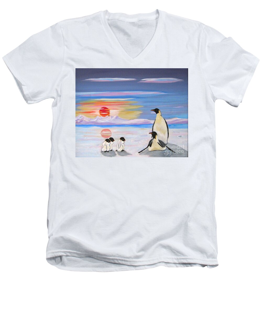 Male Peinguin Men's V-Neck T-Shirt featuring the painting Penguin Family by Phyllis Kaltenbach